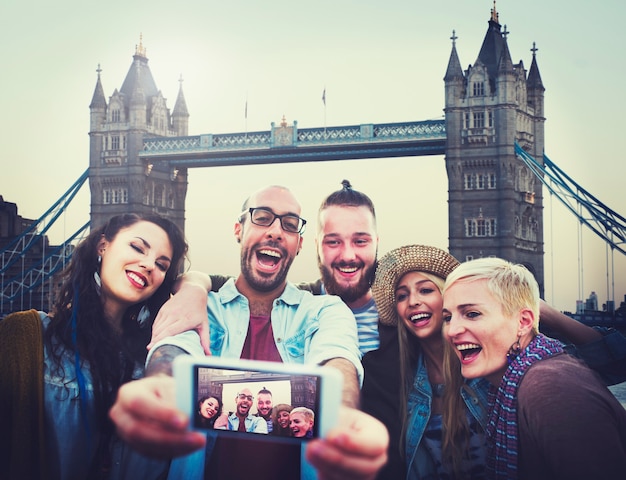 Diverse summer friends fun bonding selfie concept