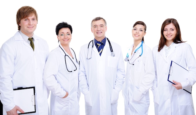 Free photo diversity team of five happy successful doctor standing together