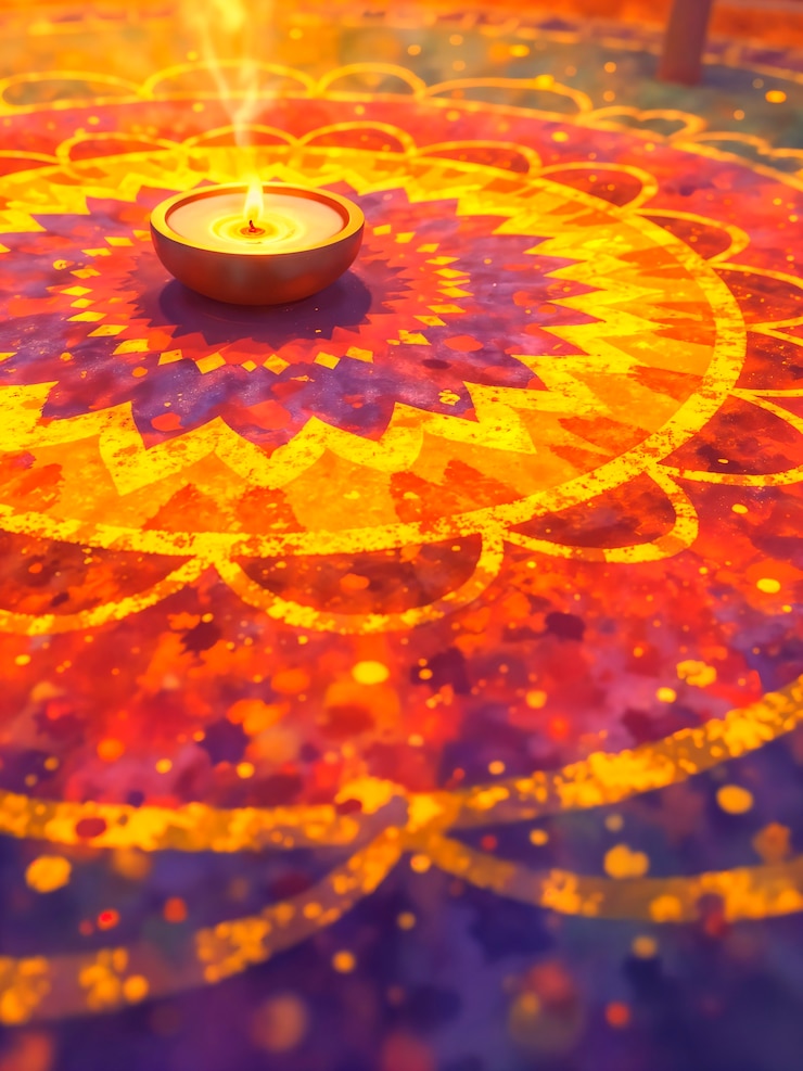 Free Photo diya candle on colorful rangoli