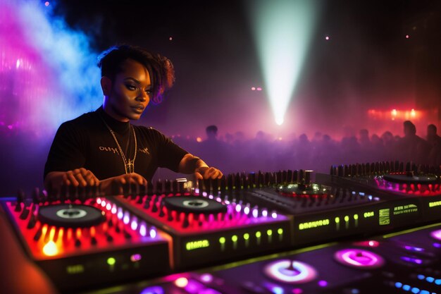 A dj in a club with a crowd in the background