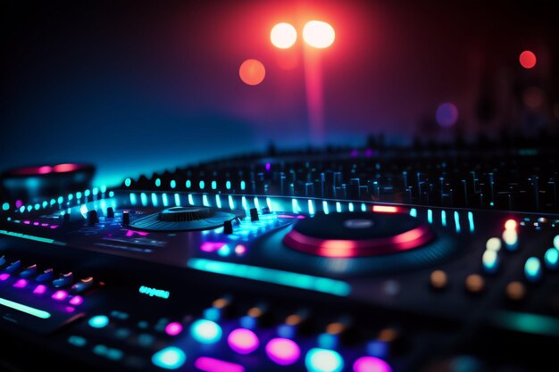 Dj equipment in a dark room with a red light behind it