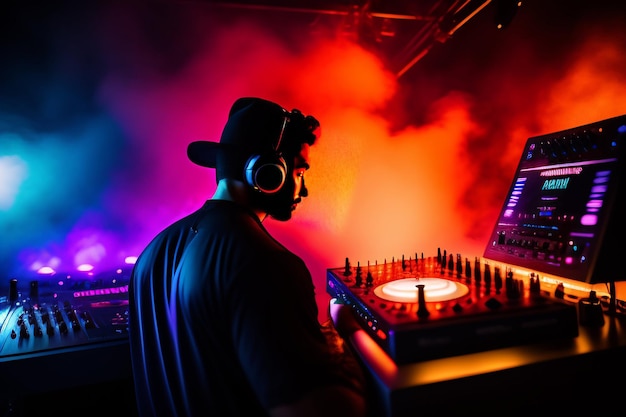 Dj playing music in a club with a dj wearing headphones