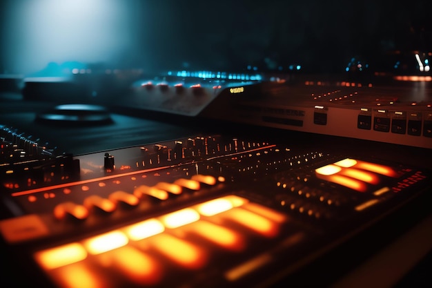 A dj's equipment is shown with a blue background and the lights of the lights are visible.