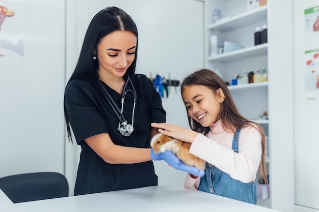 Doctor in black uniform, small daughter with their chinchilla pet at veterinary.