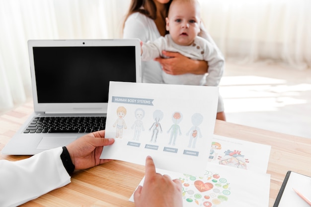 Free photo doctor hands holding a diagram for a new born baby