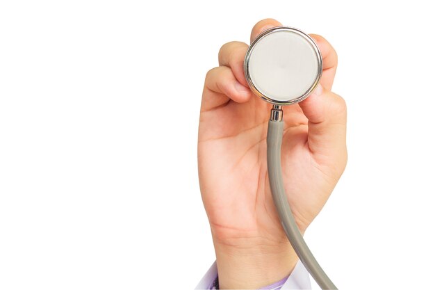 Doctor is going to examine his patient using his stethoscope isolated over white. 