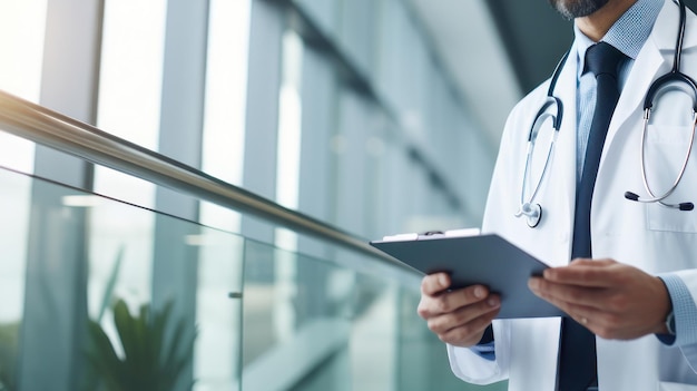 A doctor is seen writing notes on a clipboard in a welllit hospital corridor with plenty of space for additional information