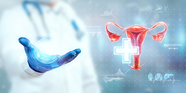 The doctor looks at the hologram of the female uterus, checks the test result. ovarian disease, ectopic pregnancy, painful periods, surgery, innovative technologies, medicine of the future.