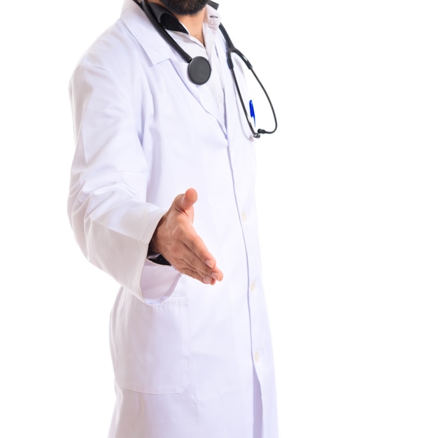 Doctor making a deal over isolated white background