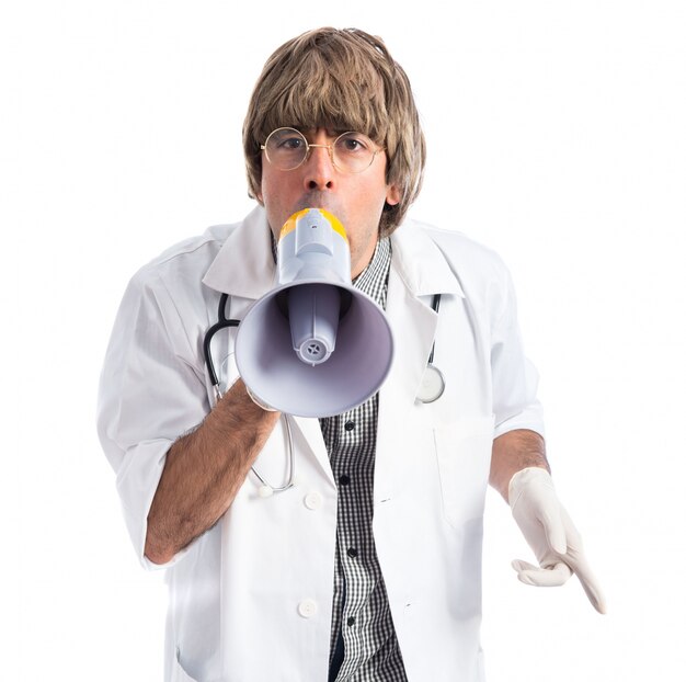 Doctor shouting by megaphone