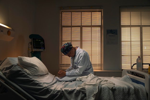 Free photo doctor sitting on a hospital bed while being sad