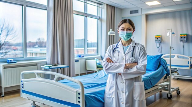 Doctor standing in hospital room with patient bed