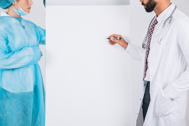 Doctor and surgeon writing on the whiteboard