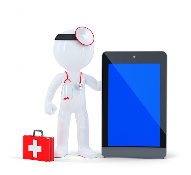 Free photo doctor with stethoscope showing blank digital tablet pc.