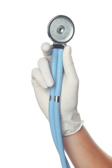 医師​は​聴診器​で​白い​滅菌済み​手術用​手袋​を​手渡します