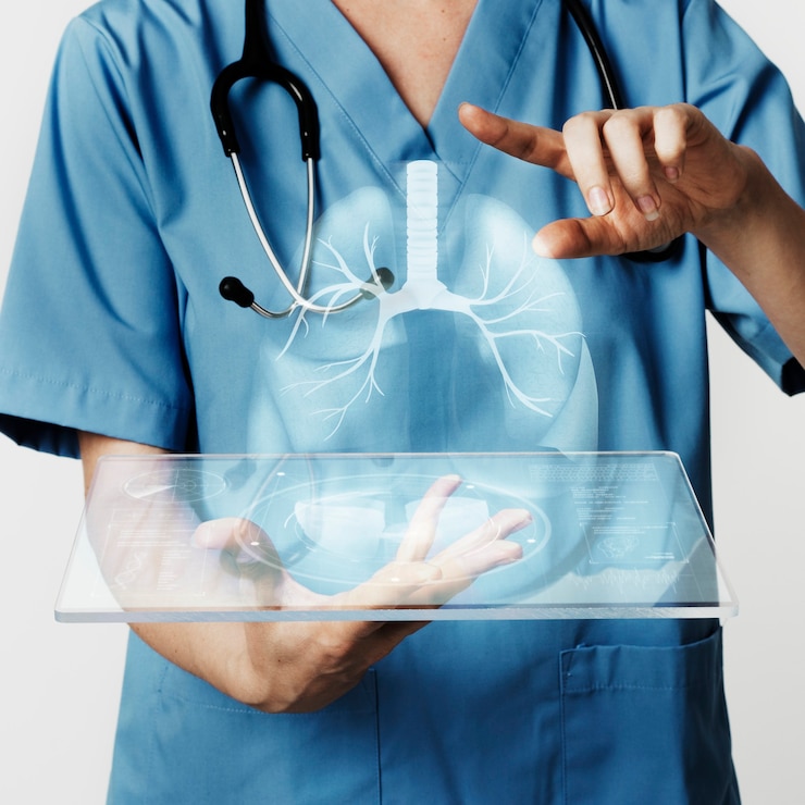 Free Photo doctors using transparent tablet with hologram medical technology