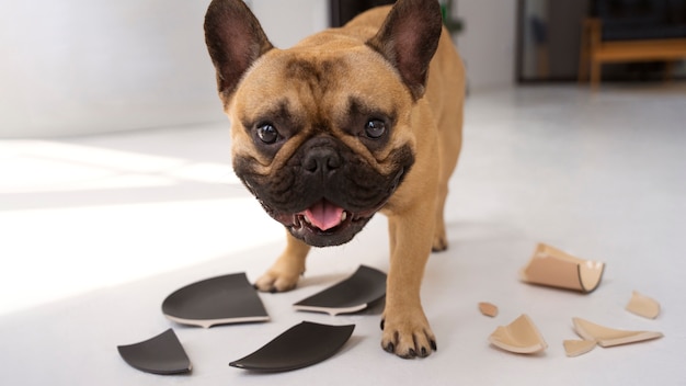 Dog breaking plates at home