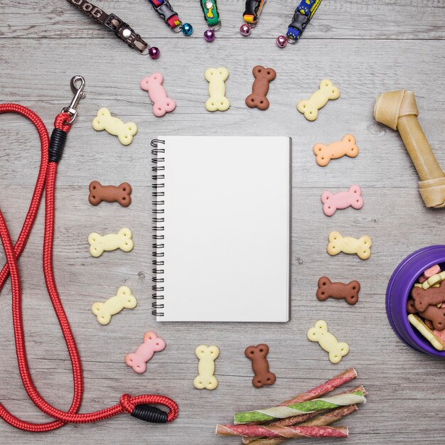 Dog care equipment and snacks with notebook