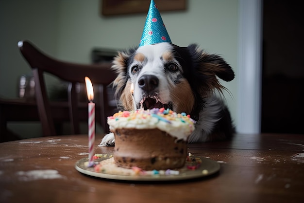 그의 생일을 위해 케이크를 먹는 개 아이 생성