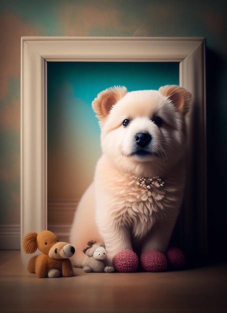 Free photo a dog sits in front of a picture frame with a stuffed animal on it.