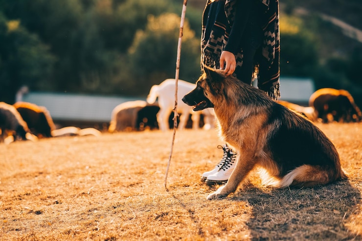 無料Photo 犬は芝生の上で飼い主と一緒に座っています