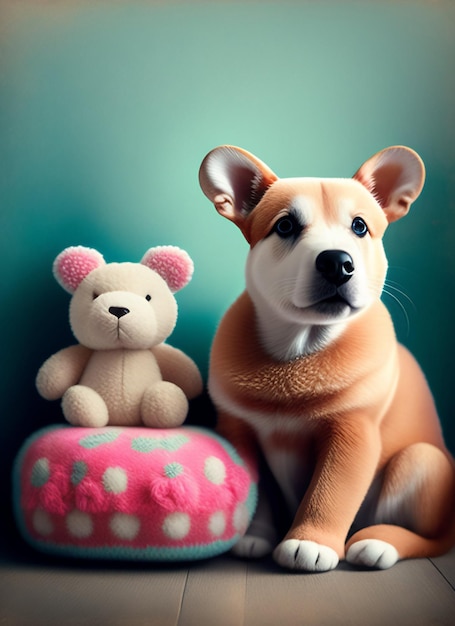 Free photo a dog and a teddy bear are sitting on a pillow.