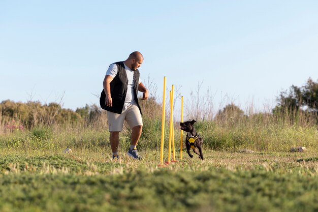 障害物を駆け抜けるように犬に教える犬のトレーナー