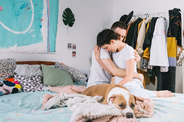 Dog with owners during the morning