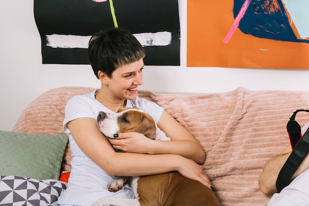 Dog with owners during the morning