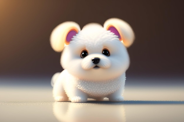 A dog with a white face and pink ears stands on a white surface.
