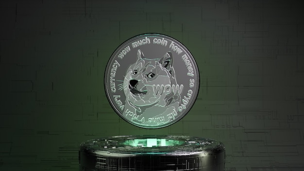 Dogecoin in a futuristic future room with neon lighting. cryptocurrency concept. 3d illustration