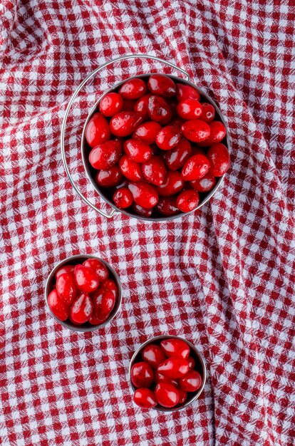 Dogwood berries in mini buckets on picnic cloth. top view.