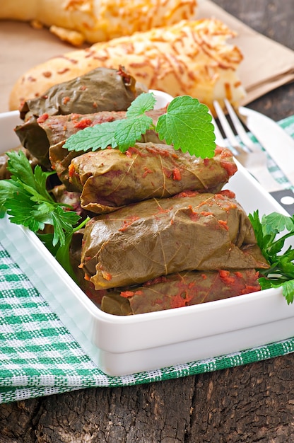 Free photo dolma, stuffed grape leaves, turkish and greek cuisine