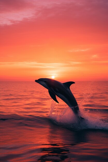 Dolphin jumping over water at sunset