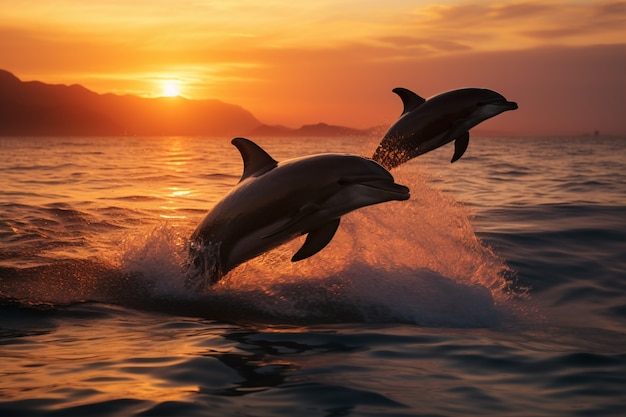 Дельфин прыгает через воду на закате