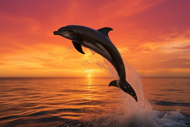 Dolphin jumping over water at sunset
