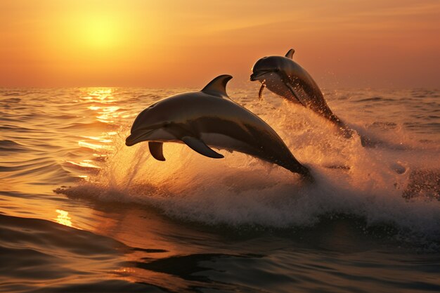 Dolphin jumping over water at sunset