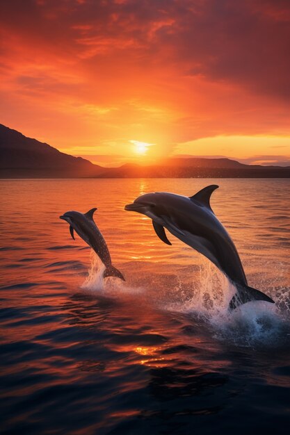 Dolphin jumping over water at sunset