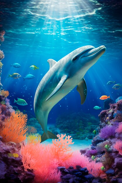 Dolphin swimming near coral reef