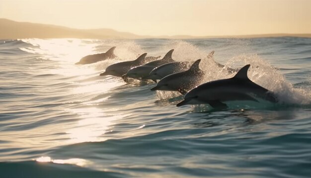 Dolphins jumping in the blue sea waves generated by AI