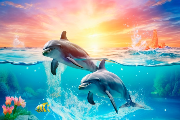 Dolphins swimming at sunset