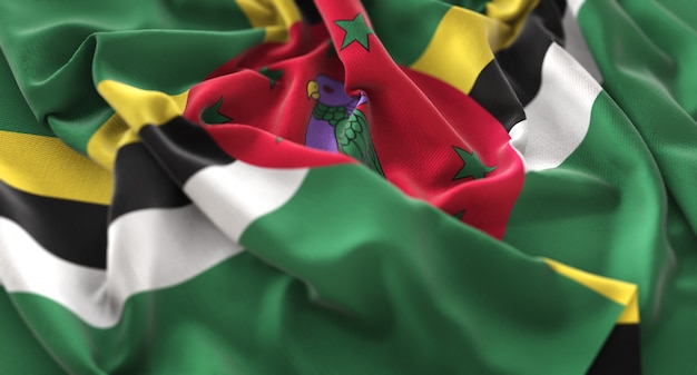 Dominica Flag Ruffled Beautifully Waving Macro Close-Up Shot