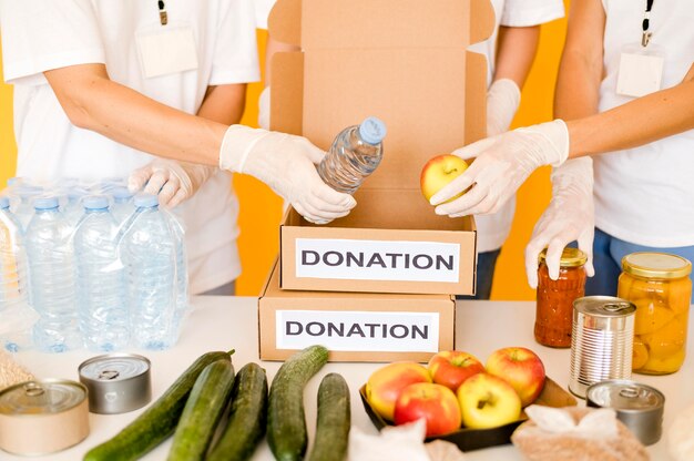 Donation boxes being filled with provisions