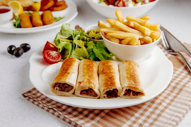 Doner wrapped in lavsh with fries on plate