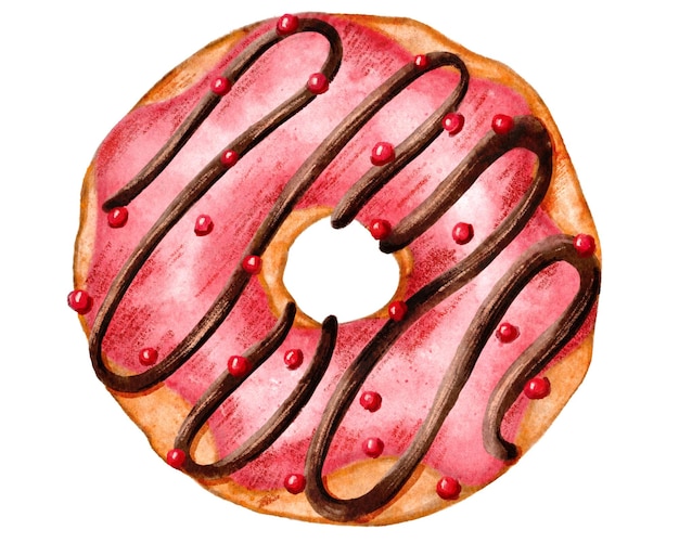 ピンクの釉薬と白い背景で隔離の装飾的なチョコレートのアイシングとドーナツ。メニュー、スイーツショップ、ドーナツの日デザインポスターの手描き漫画甘いデザートの上面図。