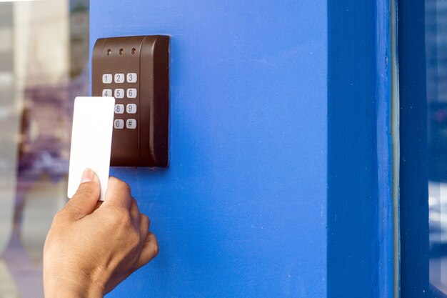Door Access Control Young Woman Holding A Key Card To Lock And