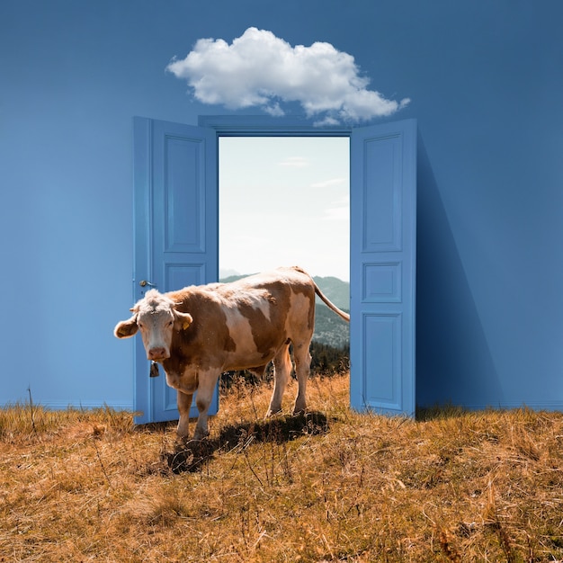 Free photo door opening revealing cow