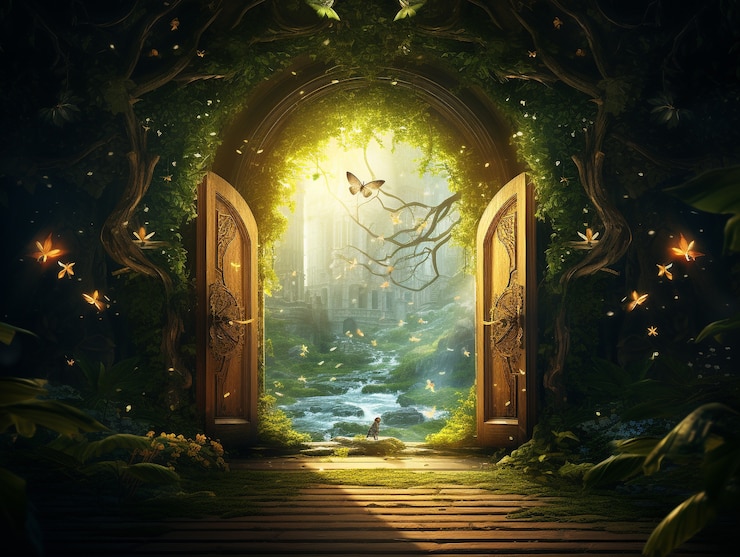 Free Photo door stretching into fantasy world