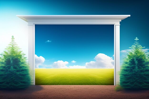 A door with a blue sky and a field of trees.