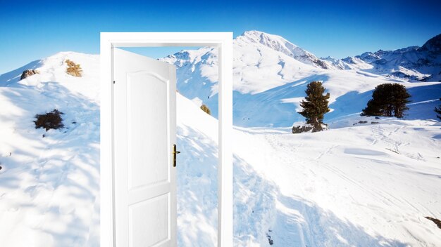 Door with snowy mountain background
